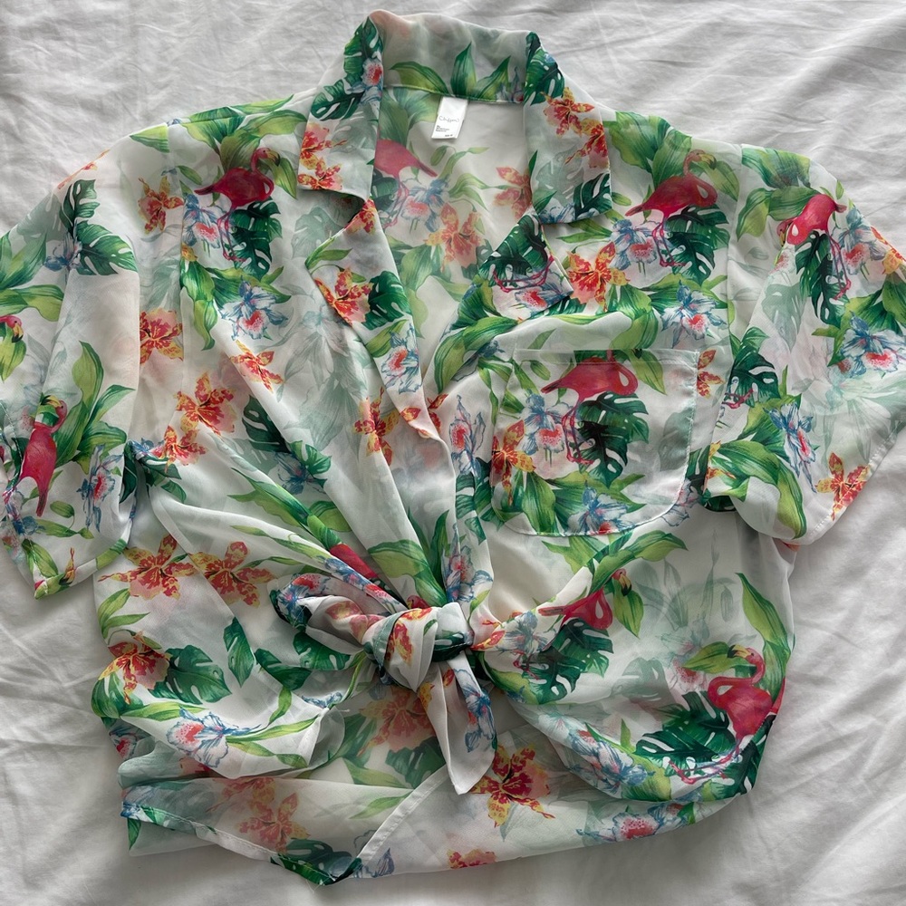 American apparel chiffon tropical flamingo top